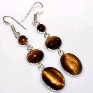 Tiger's Eye Gemstone 925 Sterling Silver Handmade Drop Dangle Earrings
